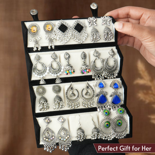Ishq-E-Jhumka Set Of 12 Oxidized Designer Jhumka Earrings With Jewelry Box